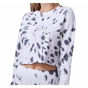 Monrow Large Cropped Long Sleeve Top Kaleidoscope Tie Die Raw Hem